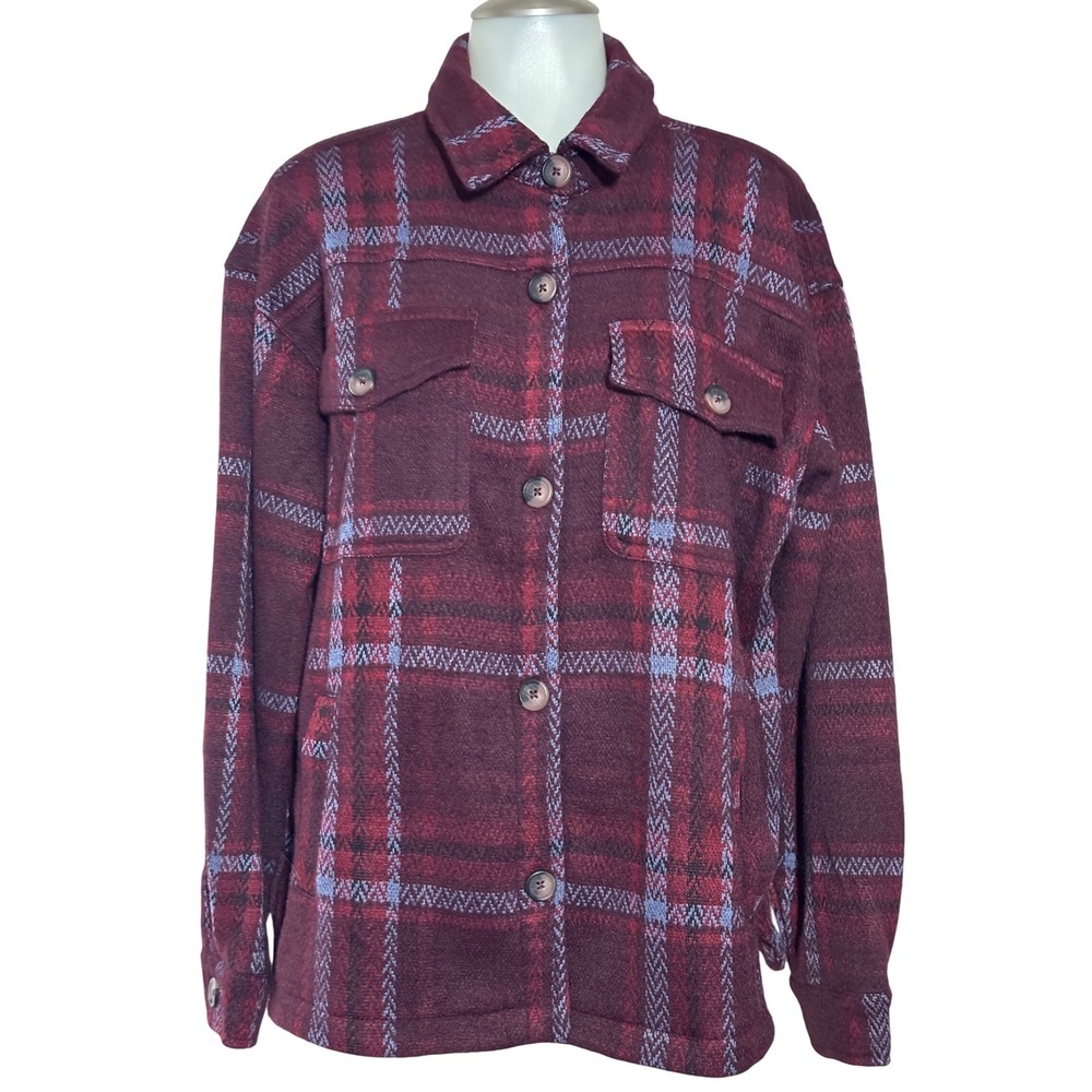 Maurices Plaid Button Up Shirt Jacket‎ Shacket Women's Large Burgundy BlueNice!